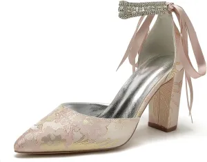 Wedding Shoes for Bride Closed Toe Block Heel Womens High Heels Pointed Toe Pumps Bridal Shoes Bowknot Strap Pearl Sandals Floral Satin Evening,Pink,5