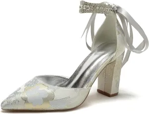 Wedding Shoes for Bride Closed Toe Block Heel Womens High Heels Pointed Toe Pumps Bridal Shoes Bowknot Strap Pearl Sandals Floral Satin Evening,Silver,8.5