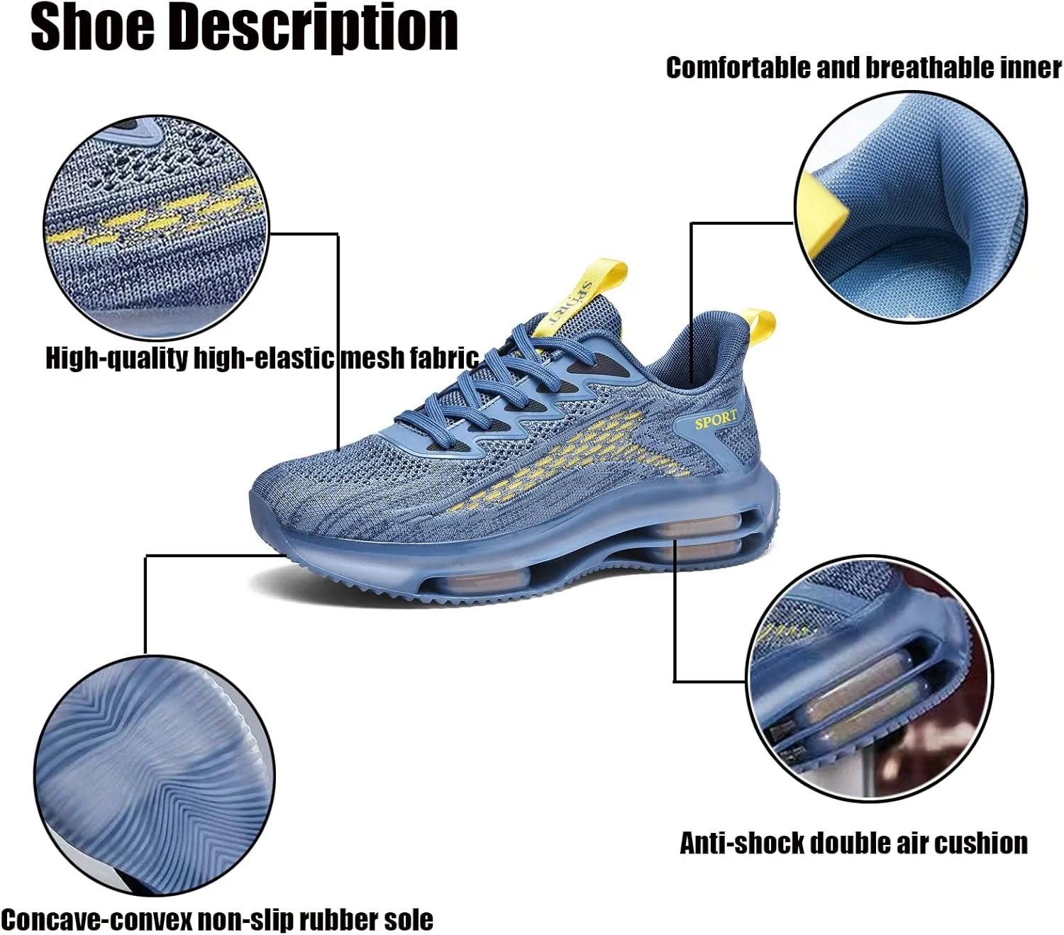 WENOREG Ztigerz Men's Mesh Air Cushion Sneakers Orthopedic Travel Plimsolls,Fashion Lace up Lightweight Non Slip Shock-Absorbing Breathable Comfort Gym Jogging Tennis Walking Work Running Shoes