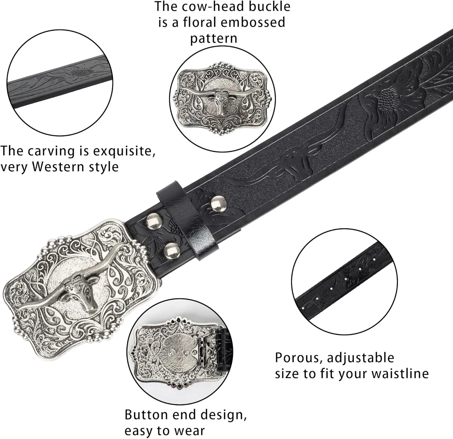 Western Cowboy-Cowgirl Leather-Belts for Men - with Longhorn-Bull
