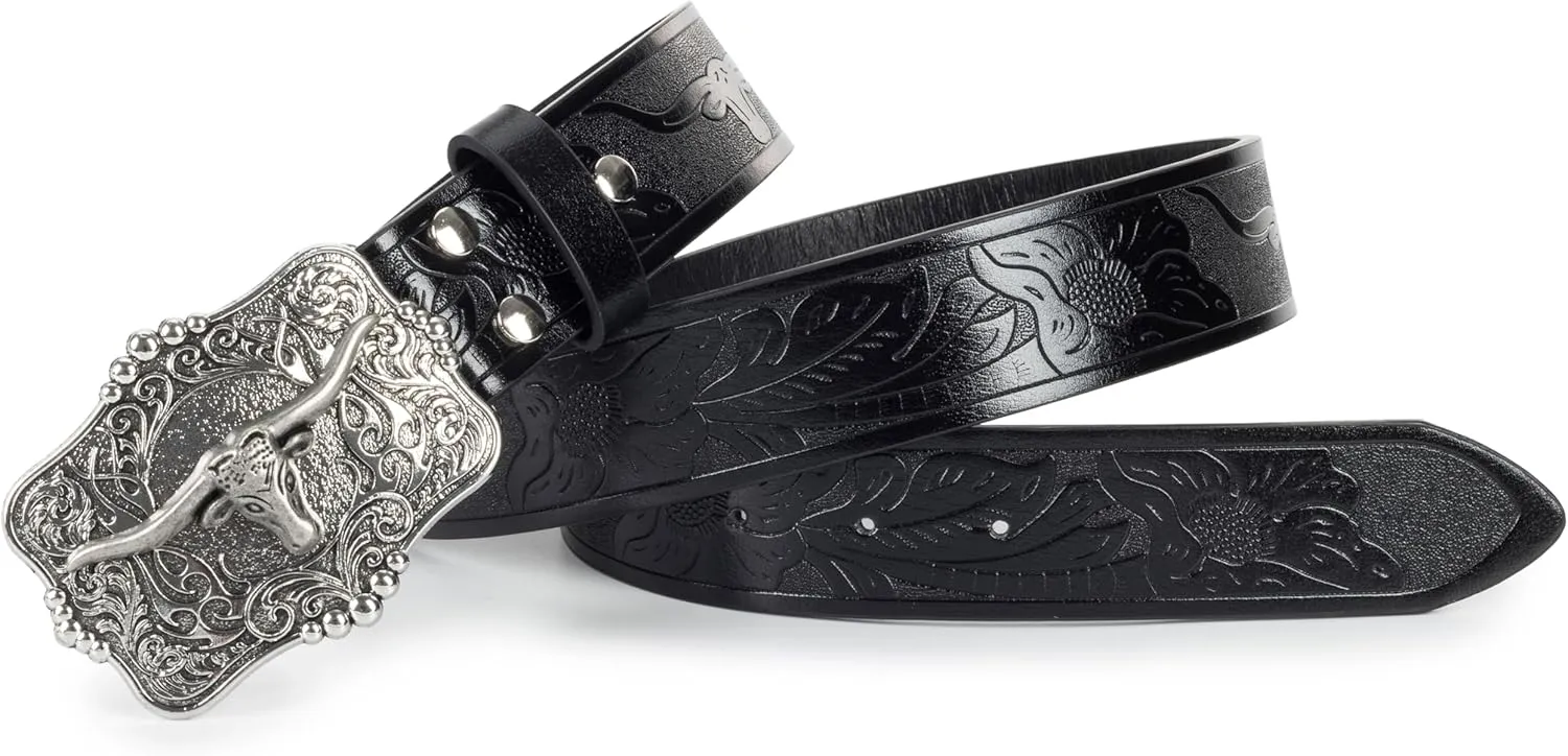 Western Cowboy-Cowgirl Leather-Belts for Men - with Longhorn-Bull
