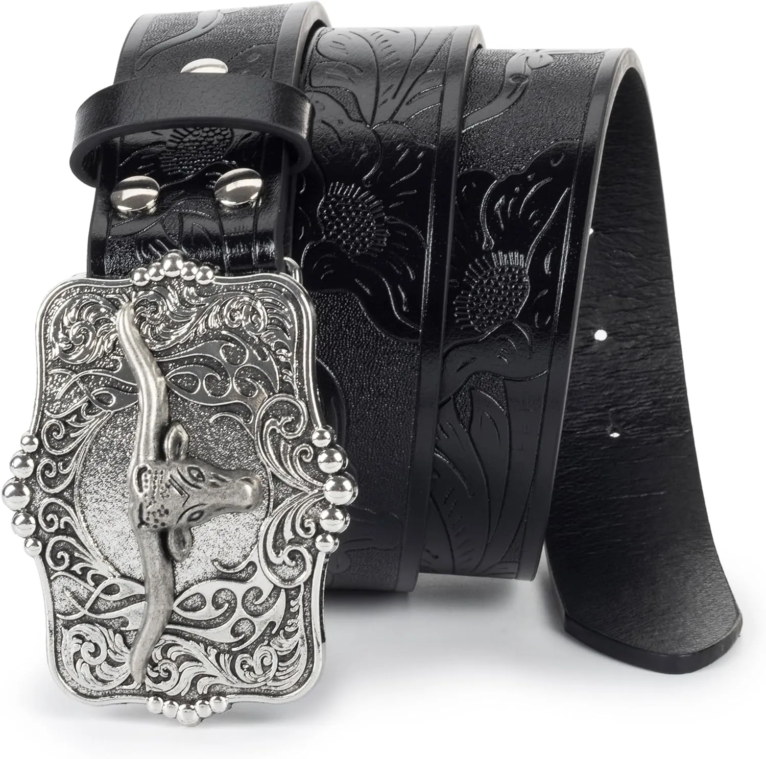 Western Cowboy-Cowgirl Leather-Belts for Men - with Longhorn-Bull