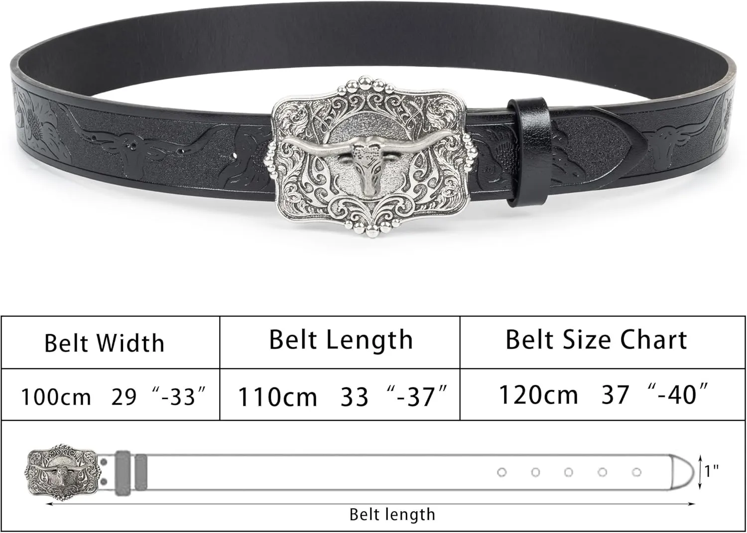 Western Cowboy-Cowgirl Leather-Belts for Men - with Longhorn-Bull