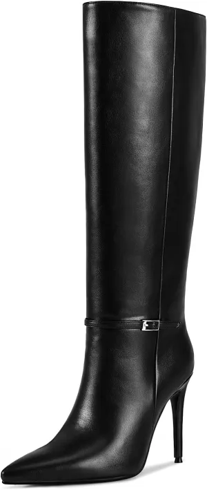 wetkiss Knee High Boots Women, Ankle Strap Long Boot Pointed Toe Tall Stiletto High Heel Boots for Women Party Gifts Dress（Black-08）
