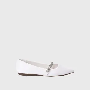 White Leather Flat  Shoe With Shiny Buckle
