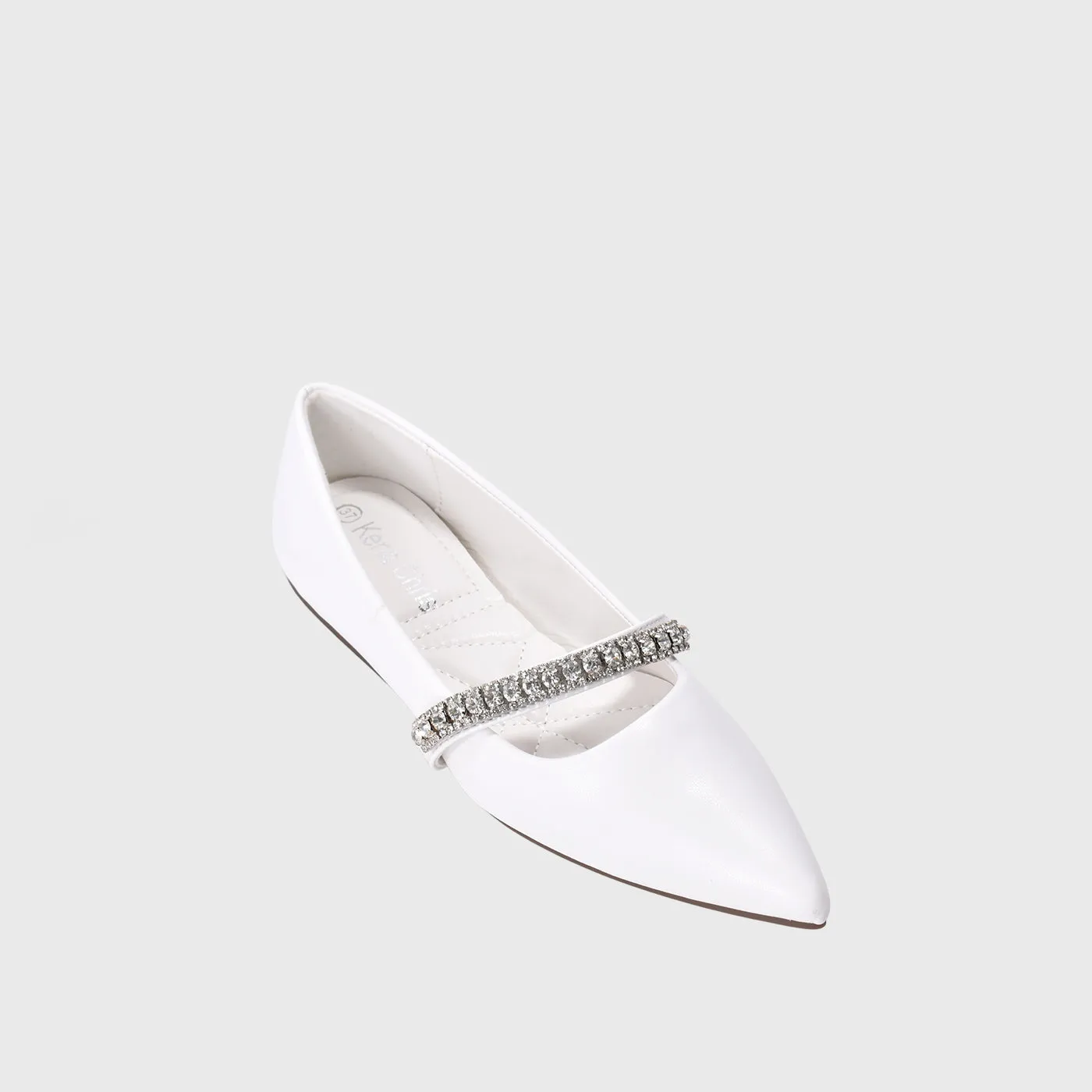 White Leather Flat  Shoe With Shiny Buckle