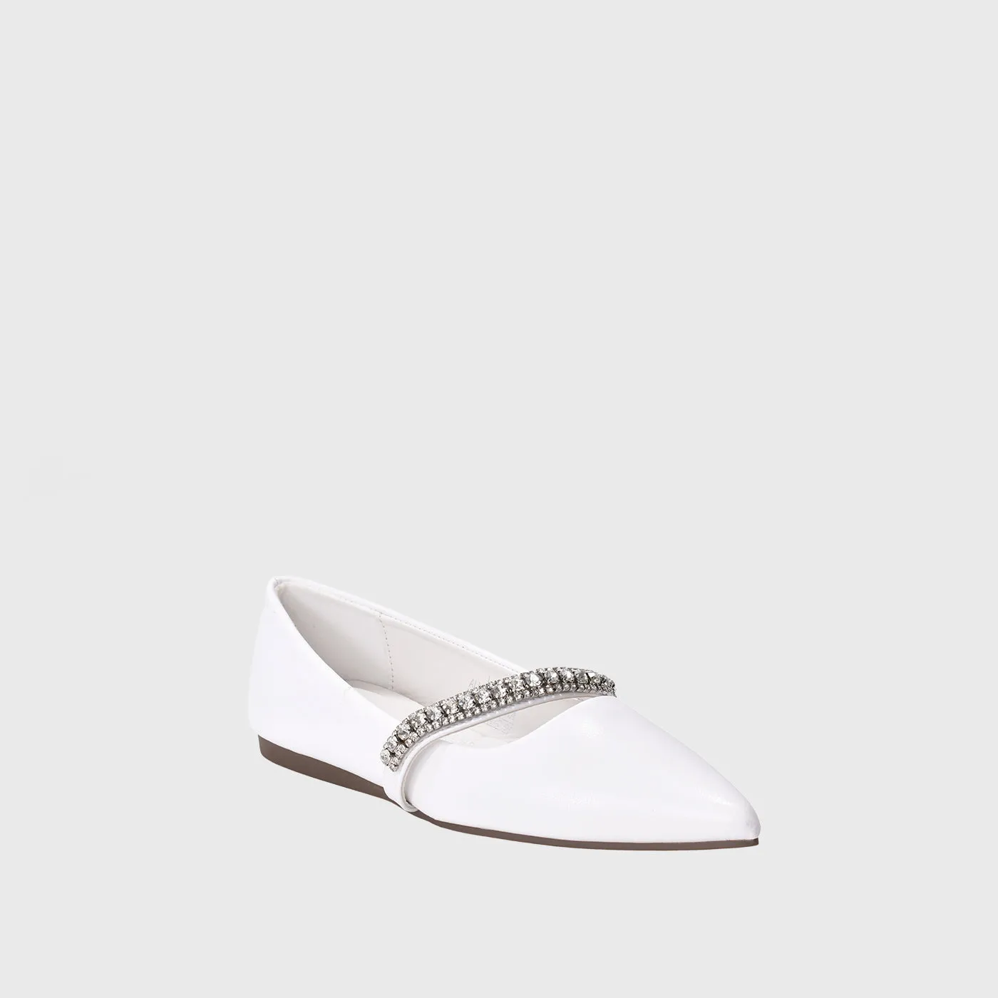 White Leather Flat  Shoe With Shiny Buckle