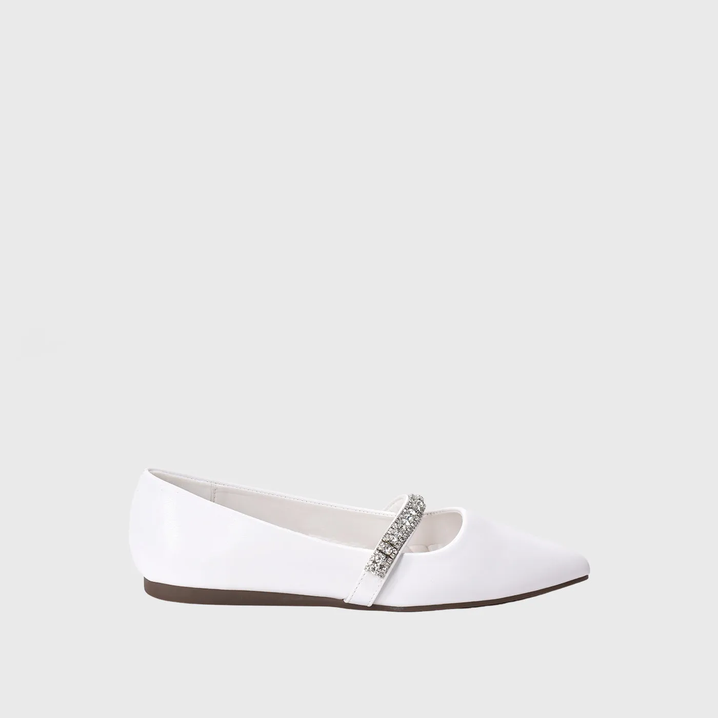 White Leather Flat  Shoe With Shiny Buckle