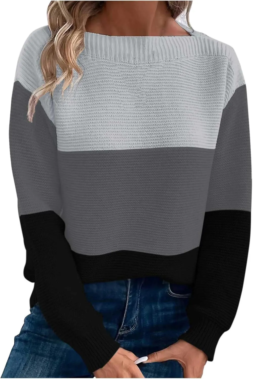 Winter Sweaters for Women 2024 Casual Loose Color Block Pullover Sweater Long Sleeve Boat Neck Knit Jumper Tops