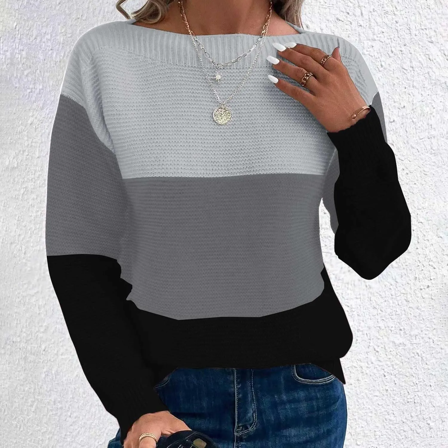 Winter Sweaters for Women 2024 Casual Loose Color Block Pullover Sweater Long Sleeve Boat Neck Knit Jumper Tops