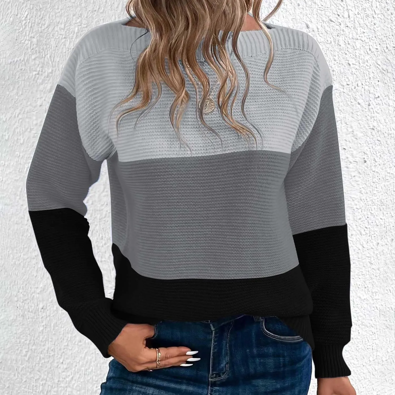 Winter Sweaters for Women 2024 Casual Loose Color Block Pullover Sweater Long Sleeve Boat Neck Knit Jumper Tops