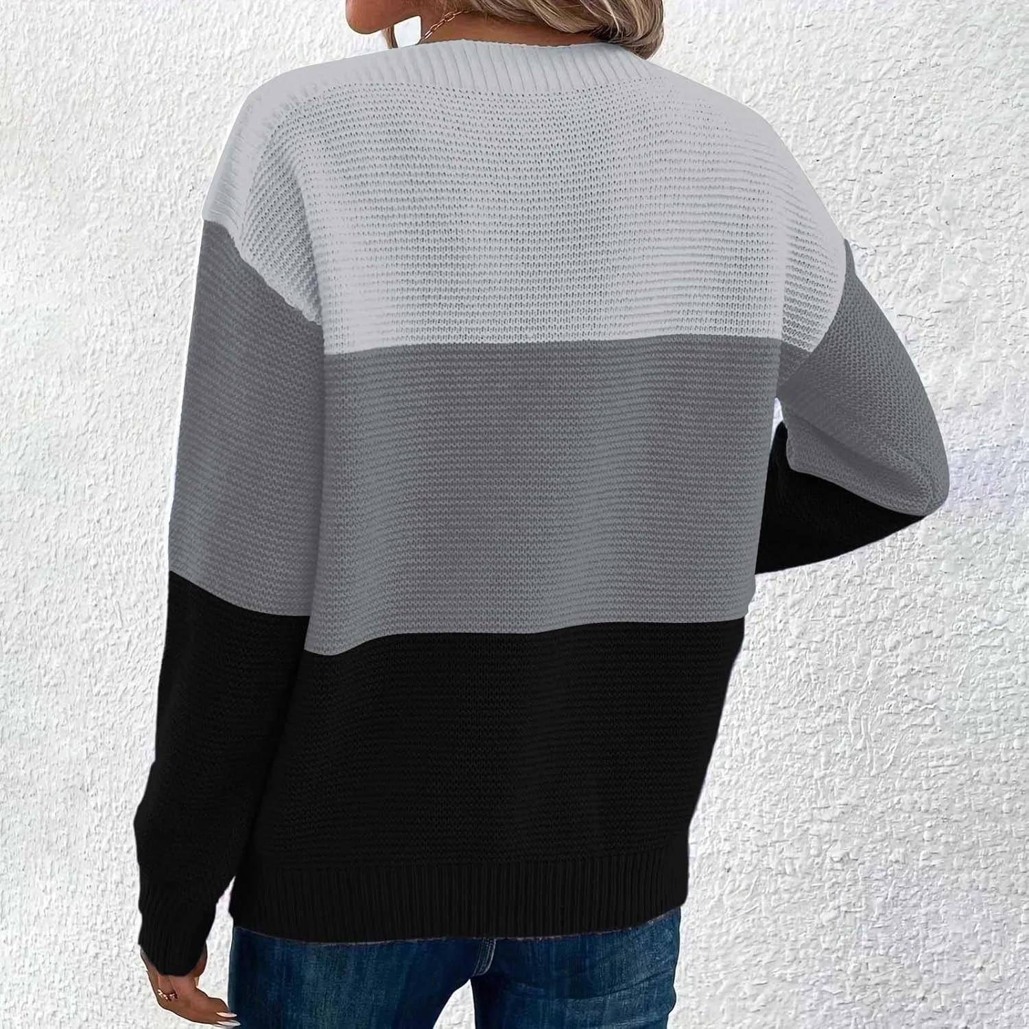 Winter Sweaters for Women 2024 Casual Loose Color Block Pullover Sweater Long Sleeve Boat Neck Knit Jumper Tops