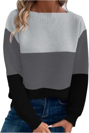 Winter Sweaters for Women 2024 Casual Loose Color Block Pullover Sweater Long Sleeve Boat Neck Knit Jumper Tops