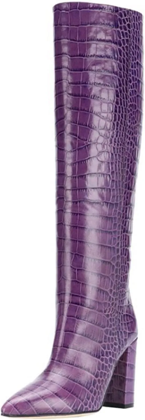 WOilERQ Womens Snake Print Knee High Boots Chunky high Heels Mid Calf Boots Slip On Block Heel Wide Boots PU Leather Long Boots Dress Shoes