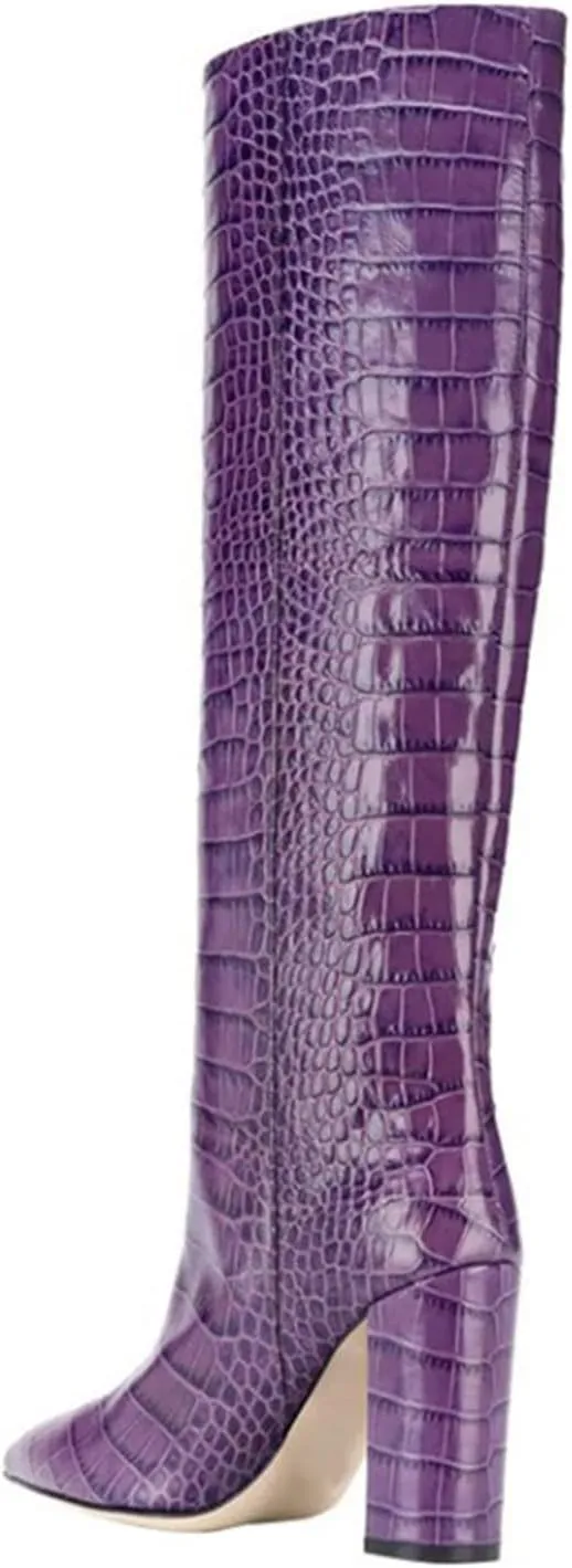 WOilERQ Womens Snake Print Knee High Boots Chunky high Heels Mid Calf Boots Slip On Block Heel Wide Boots PU Leather Long Boots Dress Shoes