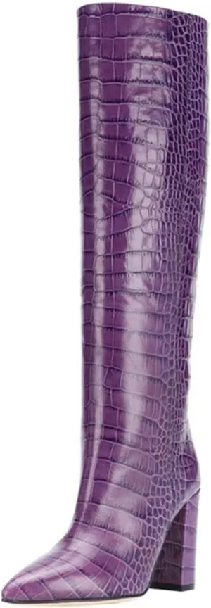 WOilERQ Womens Snake Print Knee High Boots Chunky high Heels Mid Calf Boots Slip On Block Heel Wide Boots PU Leather Long Boots Dress Shoes