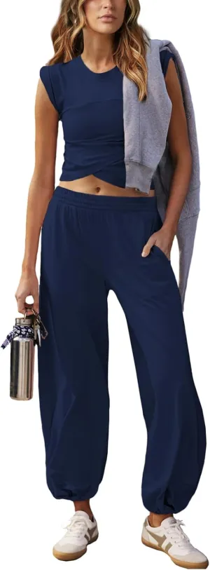 Women 2 Piece Outfit Set Loungewear Cropped Tops and Jogger Sweatpant Matching Set Coordinated Sweatsuit with Pockets