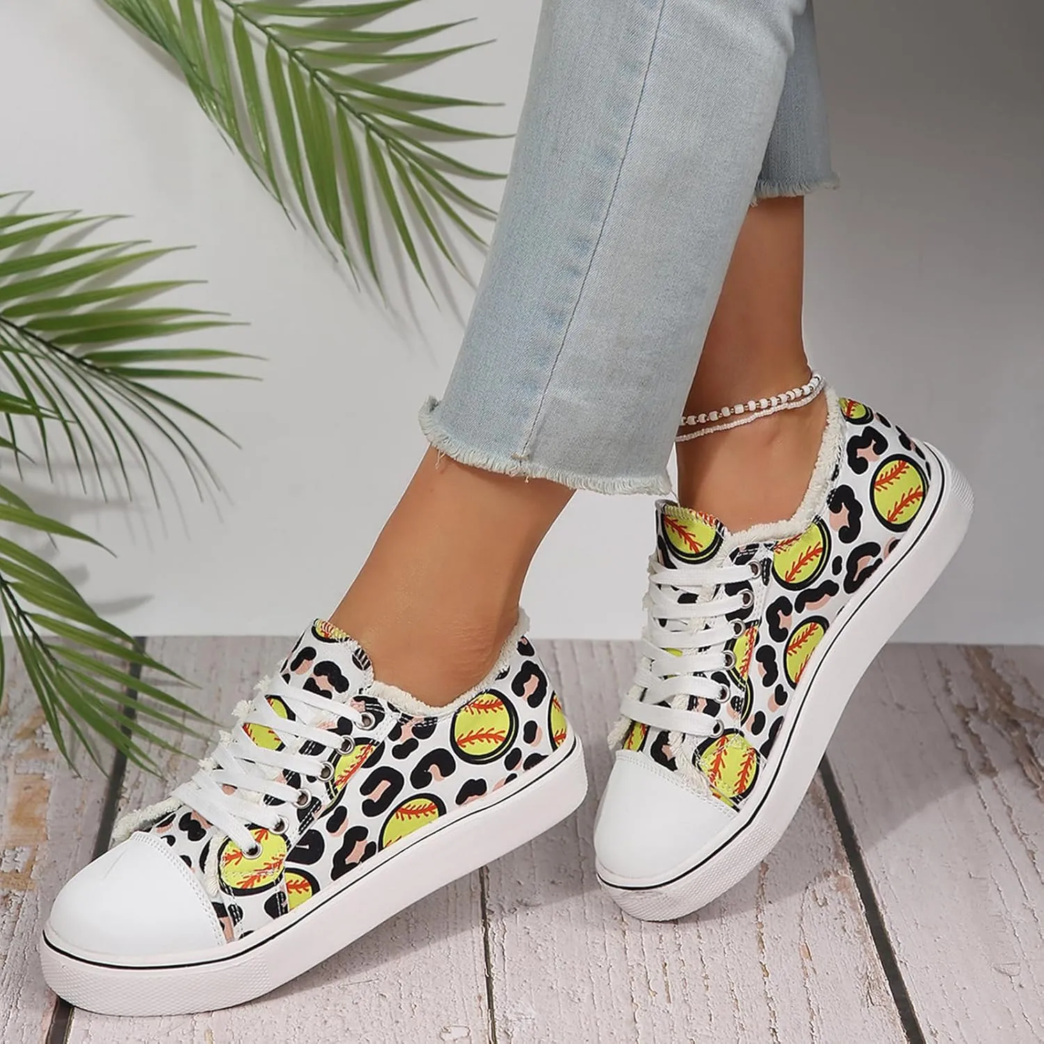 Women Baseball Print Shoes Canvas Sneakers Trendy Casual Walking Shoes