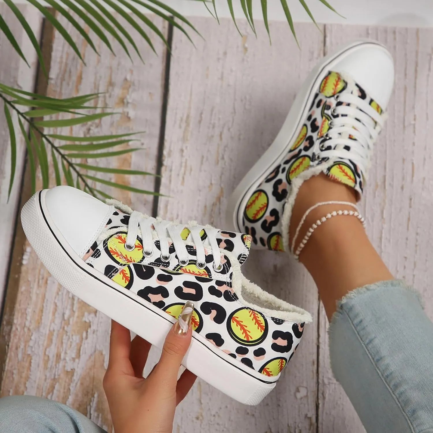Women Baseball Print Shoes Canvas Sneakers Trendy Casual Walking Shoes