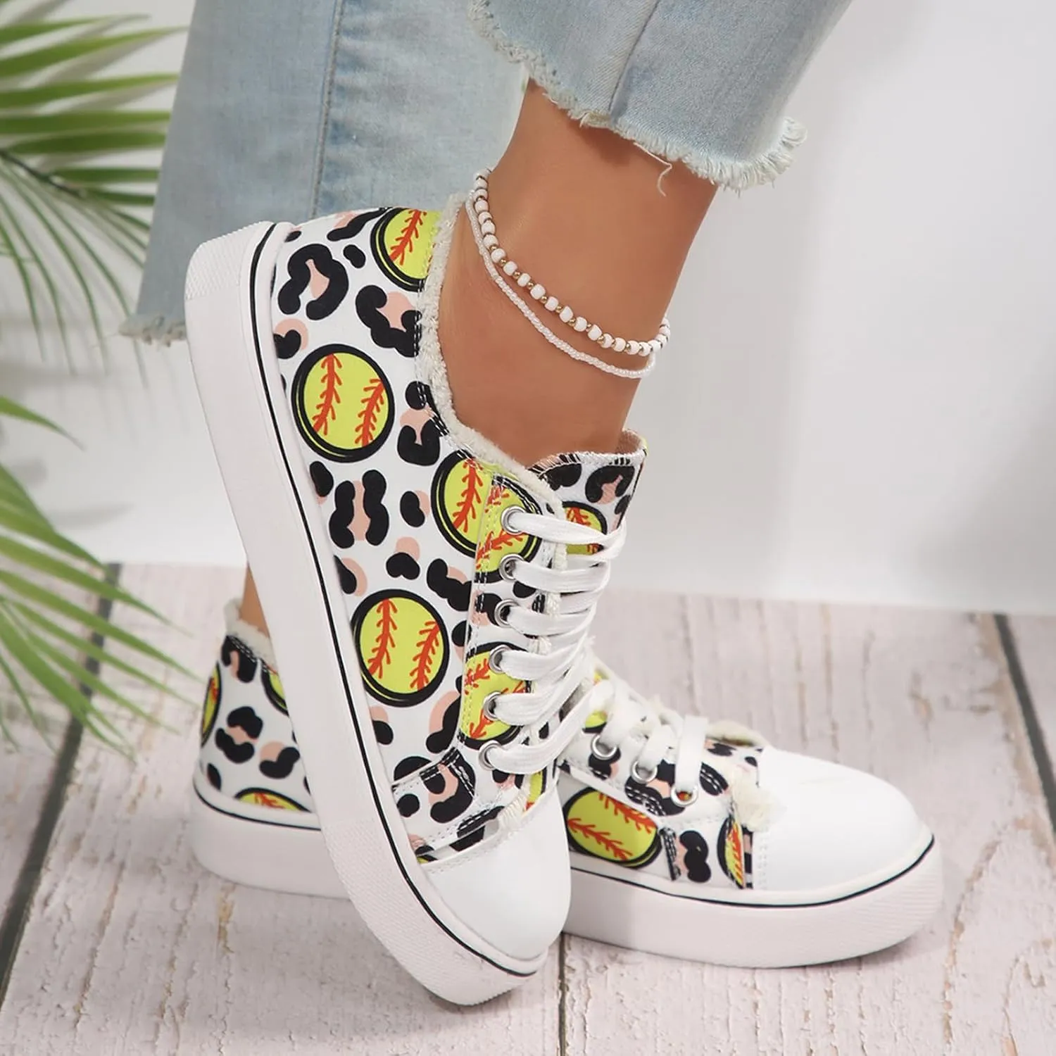 Women Baseball Print Shoes Canvas Sneakers Trendy Casual Walking Shoes
