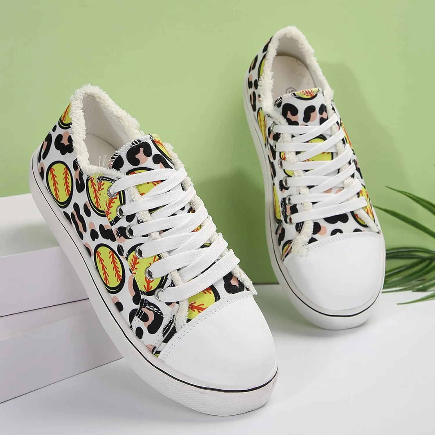 Women Baseball Print Shoes Canvas Sneakers Trendy Casual Walking Shoes