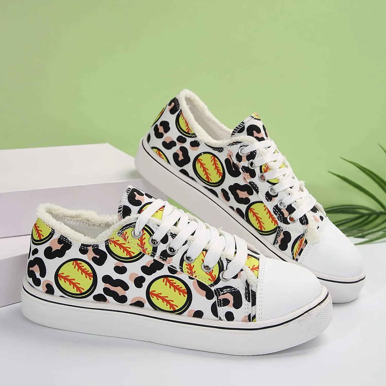 Women Baseball Print Shoes Canvas Sneakers Trendy Casual Walking Shoes
