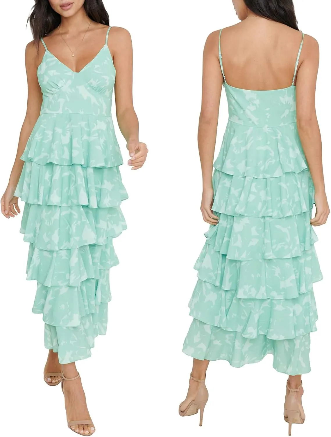 Women Cake Tiered Flowy Maxi Dress Fairy Spaghetti Strap Sweetheart Long Dress Y2K Elegant Party Patchwork Outfit