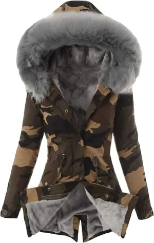 Women Faux Fur Lining Jackets Middle Length Warm Camo Thick Hooded Overcoat Fleece Lined Trench Coat Parkas Outwear
