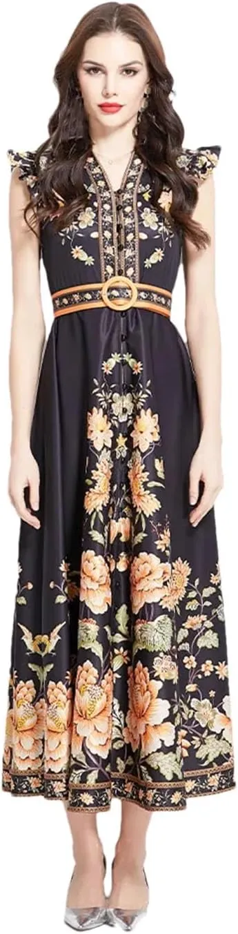 Women Floral Vintage Robe Elegant Ruffles V-Neck Dresses Sleeveless Buttons Belt Maxi Dress