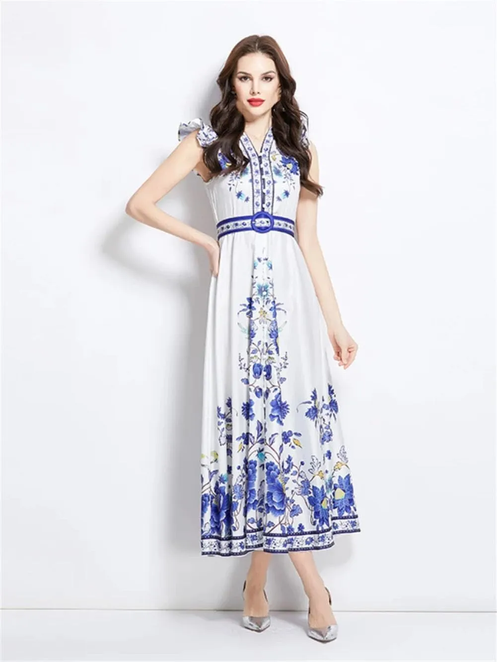 Women Floral Vintage Robe Elegant Ruffles V-Neck Dresses Sleeveless Buttons Belt Maxi Dress