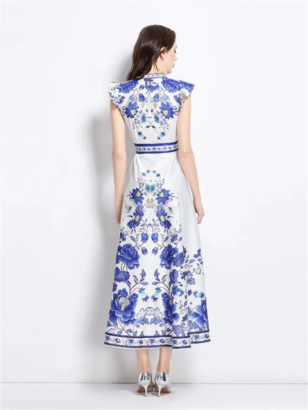Women Floral Vintage Robe Elegant Ruffles V-Neck Dresses Sleeveless Buttons Belt Maxi Dress