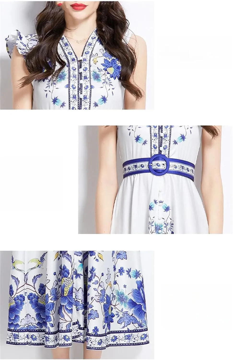 Women Floral Vintage Robe Elegant Ruffles V-Neck Dresses Sleeveless Buttons Belt Maxi Dress