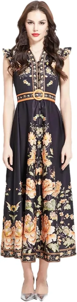 Women Floral Vintage Robe Elegant Ruffles V-Neck Dresses Sleeveless Buttons Belt Maxi Dress