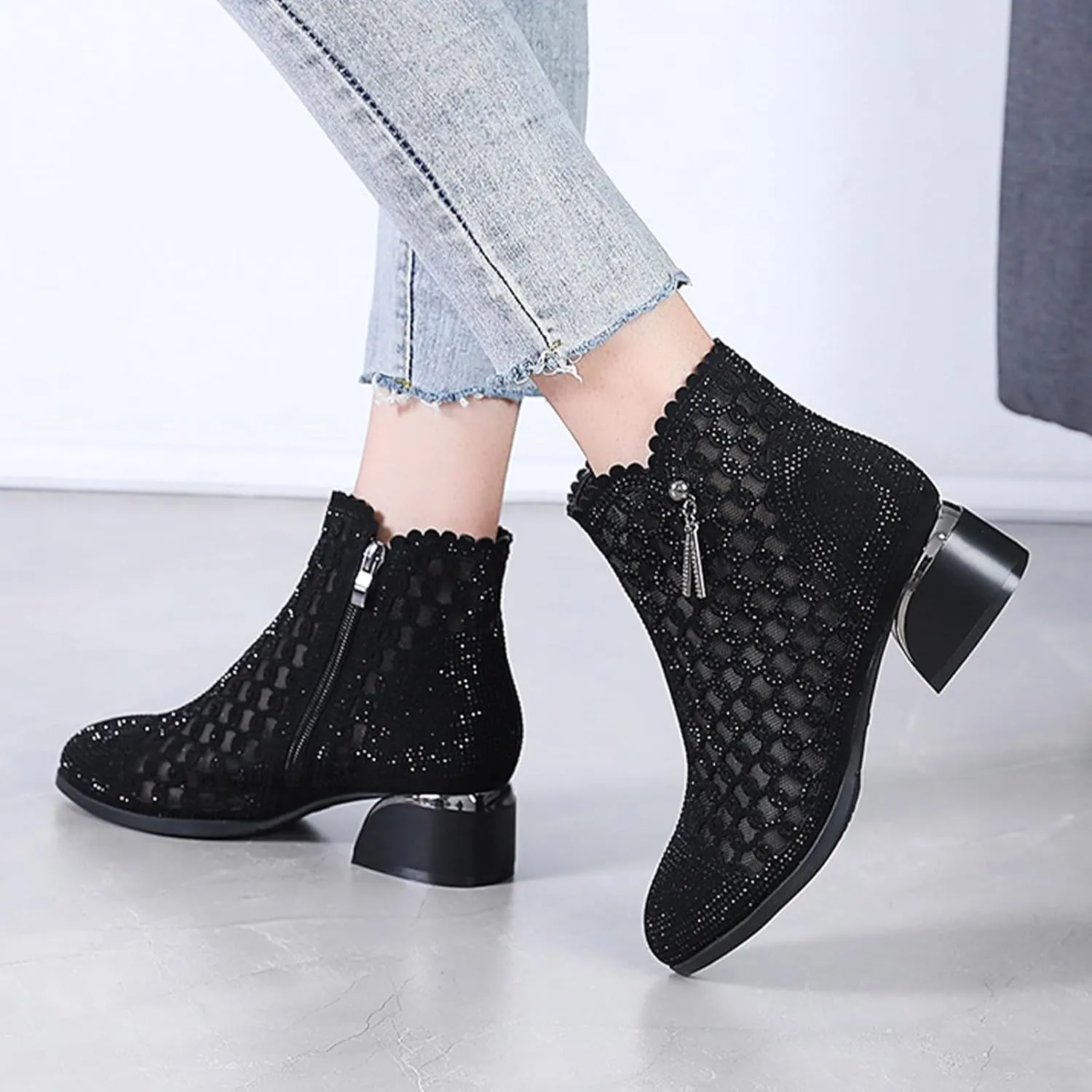 Women Glitter Rhinestone Mesh Chunky Heel summer Ankle Boots Side zipper Breathe Hollow out Pointed Toe Comfort Non-Slip Low Block Heel sandals Boots For Dress Party Prom
