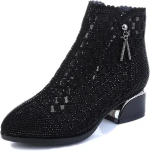 Women Glitter Rhinestone Mesh Chunky Heel summer Ankle Boots Side zipper Breathe Hollow out Pointed Toe Comfort Non-Slip Low Block Heel sandals Boots For Dress Party Prom