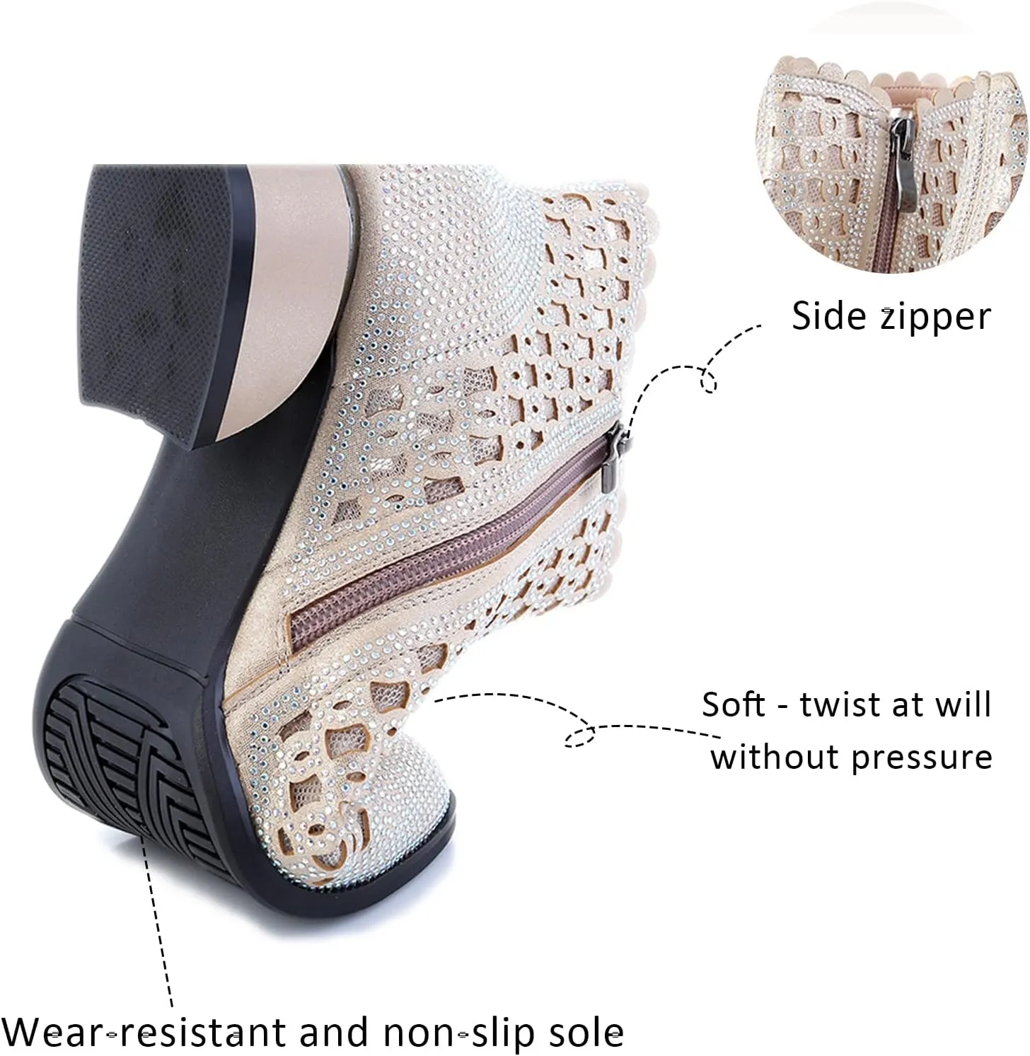 Women Glitter Rhinestone Mesh Chunky Heel summer Ankle Boots Side zipper Breathe Hollow out Pointed Toe Comfort Non-Slip Low Block Heel sandals Boots For Dress Party Prom