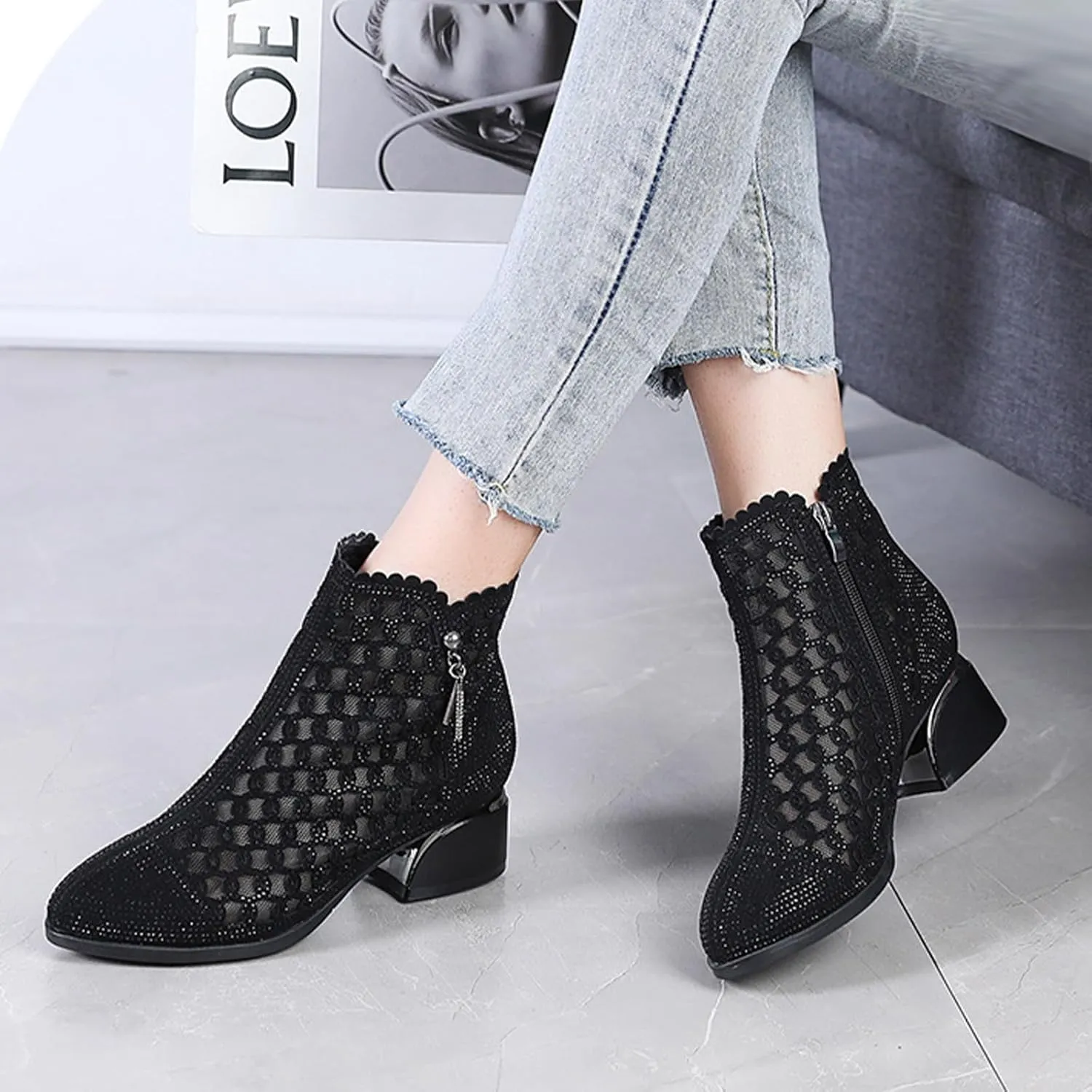 Women Glitter Rhinestone Mesh Chunky Heel summer Ankle Boots Side zipper Breathe Hollow out Pointed Toe Comfort Non-Slip Low Block Heel sandals Boots For Dress Party Prom