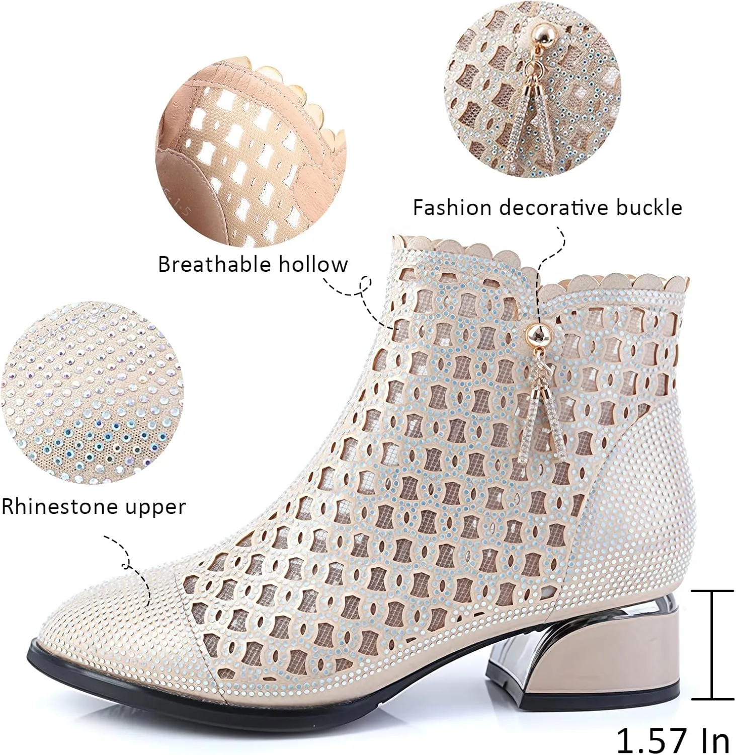 Women Glitter Rhinestone Mesh Chunky Heel summer Ankle Boots Side zipper Breathe Hollow out Pointed Toe Comfort Non-Slip Low Block Heel sandals Boots For Dress Party Prom