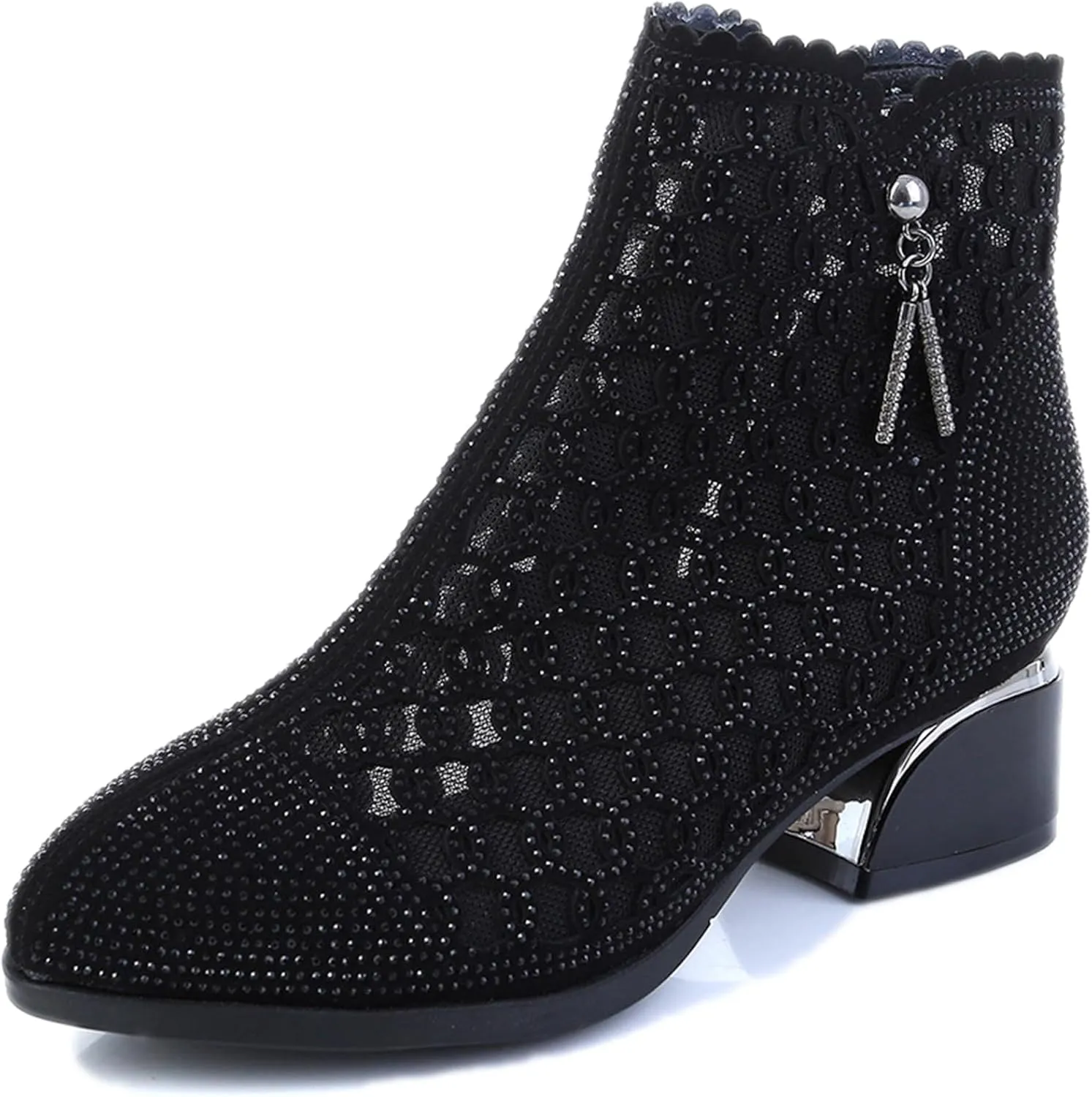 Women Glitter Rhinestone Mesh Chunky Heel summer Ankle Boots Side zipper Breathe Hollow out Pointed Toe Comfort Non-Slip Low Block Heel sandals Boots For Dress Party Prom