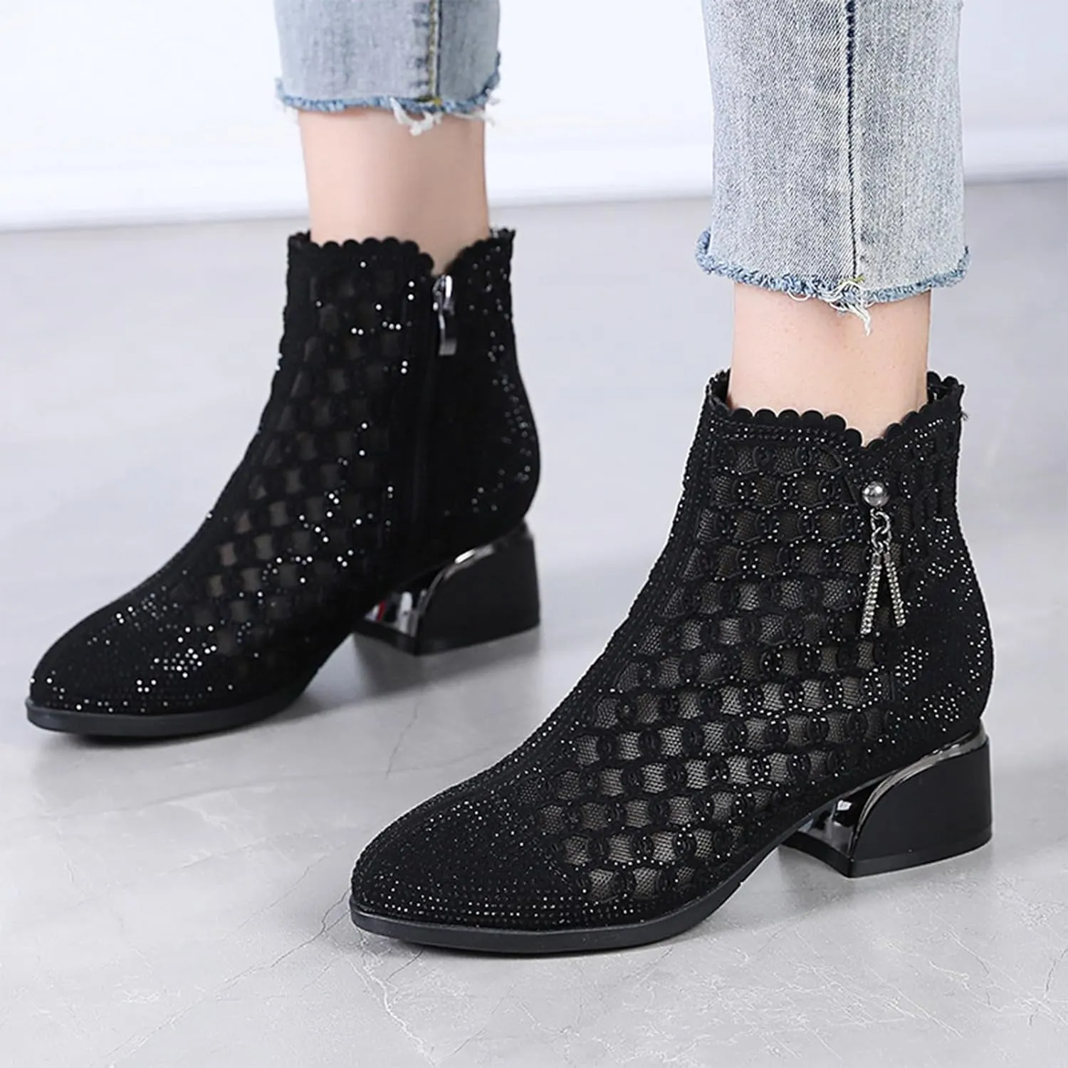 Women Glitter Rhinestone Mesh Chunky Heel summer Ankle Boots Side zipper Breathe Hollow out Pointed Toe Comfort Non-Slip Low Block Heel sandals Boots For Dress Party Prom
