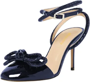 Women Gorgeous Bow Rhinestone Strappy Thin High Heel Sandals Glossy Round Toe Crossed Ankle Strap Wedding Evening Dress Pumps Size 4-16 US