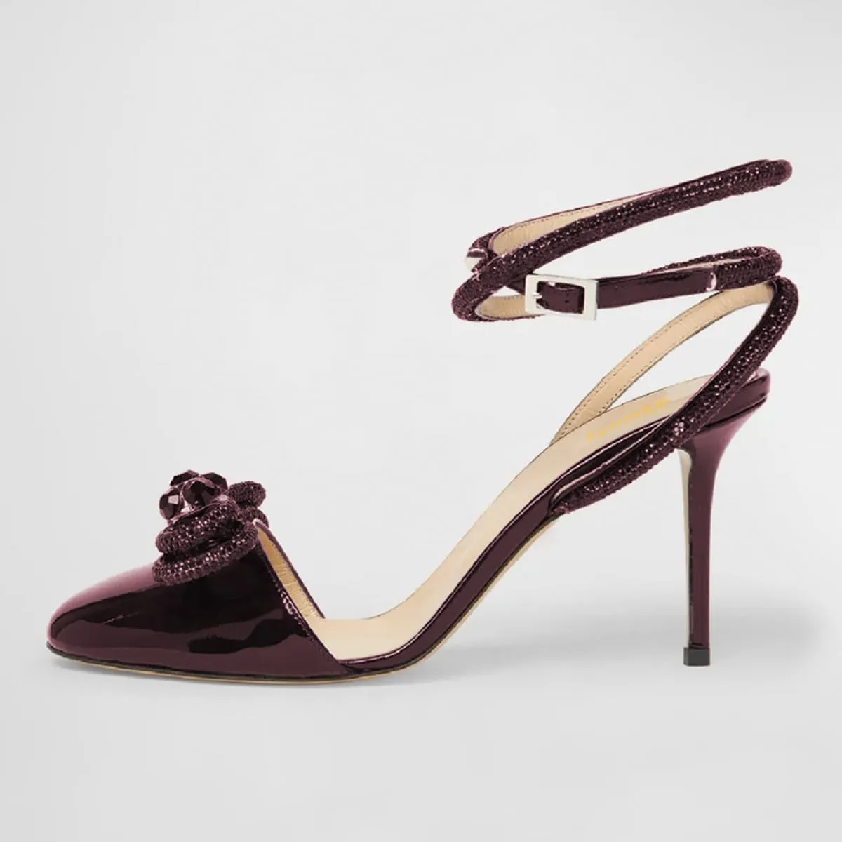 Women Gorgeous Bow Rhinestone Strappy Thin High Heel Sandals Glossy Round Toe Crossed Ankle Strap Wedding Evening Dress Pumps Size 4-16 US