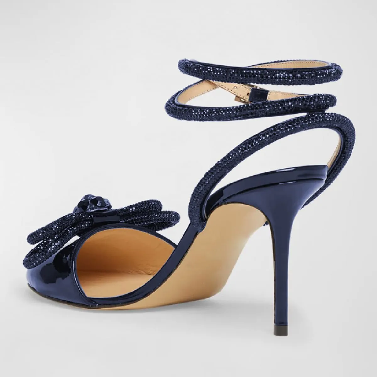 Women Gorgeous Bow Rhinestone Strappy Thin High Heel Sandals Glossy Round Toe Crossed Ankle Strap Wedding Evening Dress Pumps Size 4-16 US