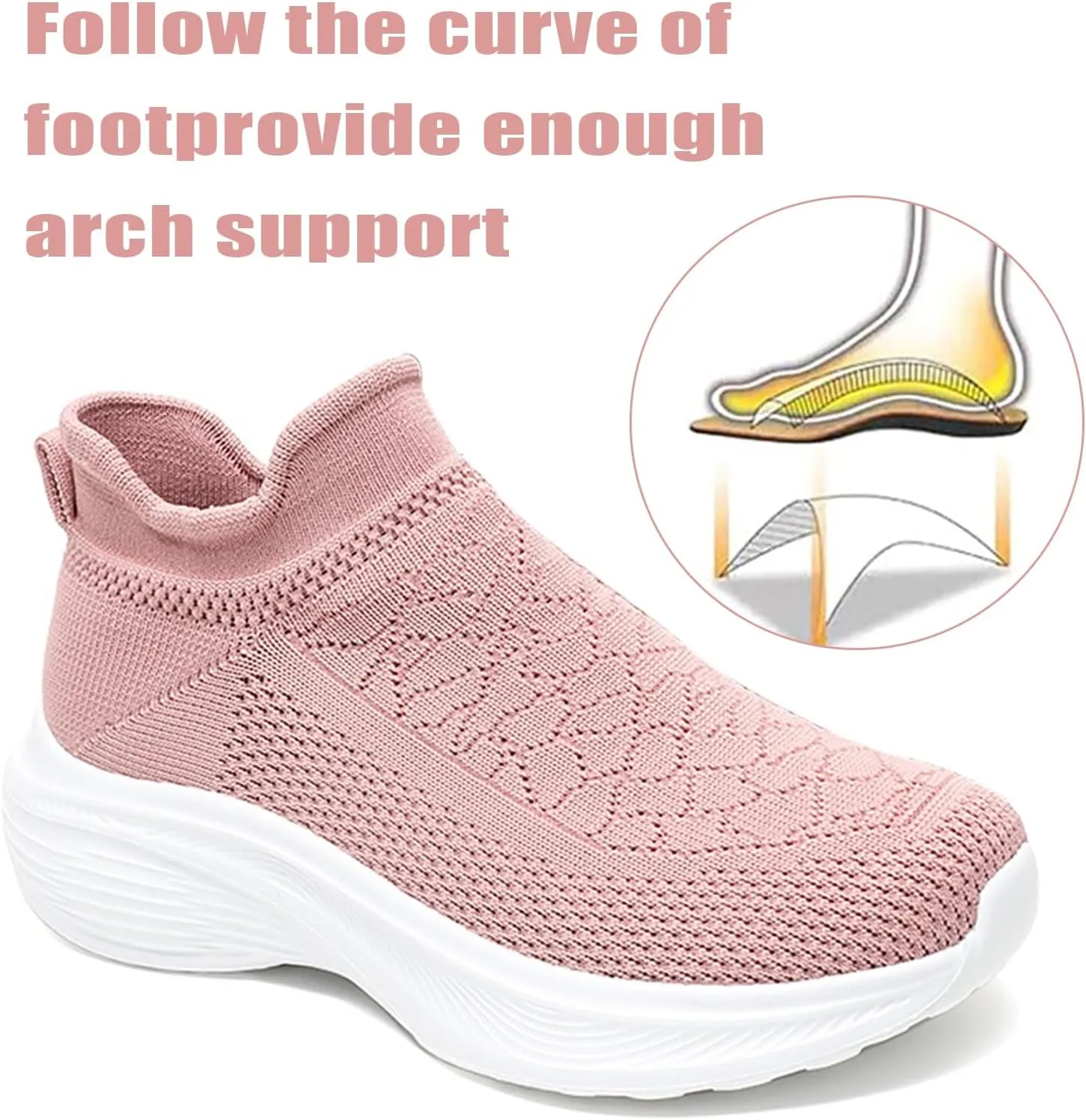 Women Knit Platform Sock Sneakers with Arch Support Breathable Mesh Wedge Non-Slip Hands Free Wide Casual Walking Mam Loafers Lightweight Outdoor Running Shoes Athletic Gym Workout Trainers