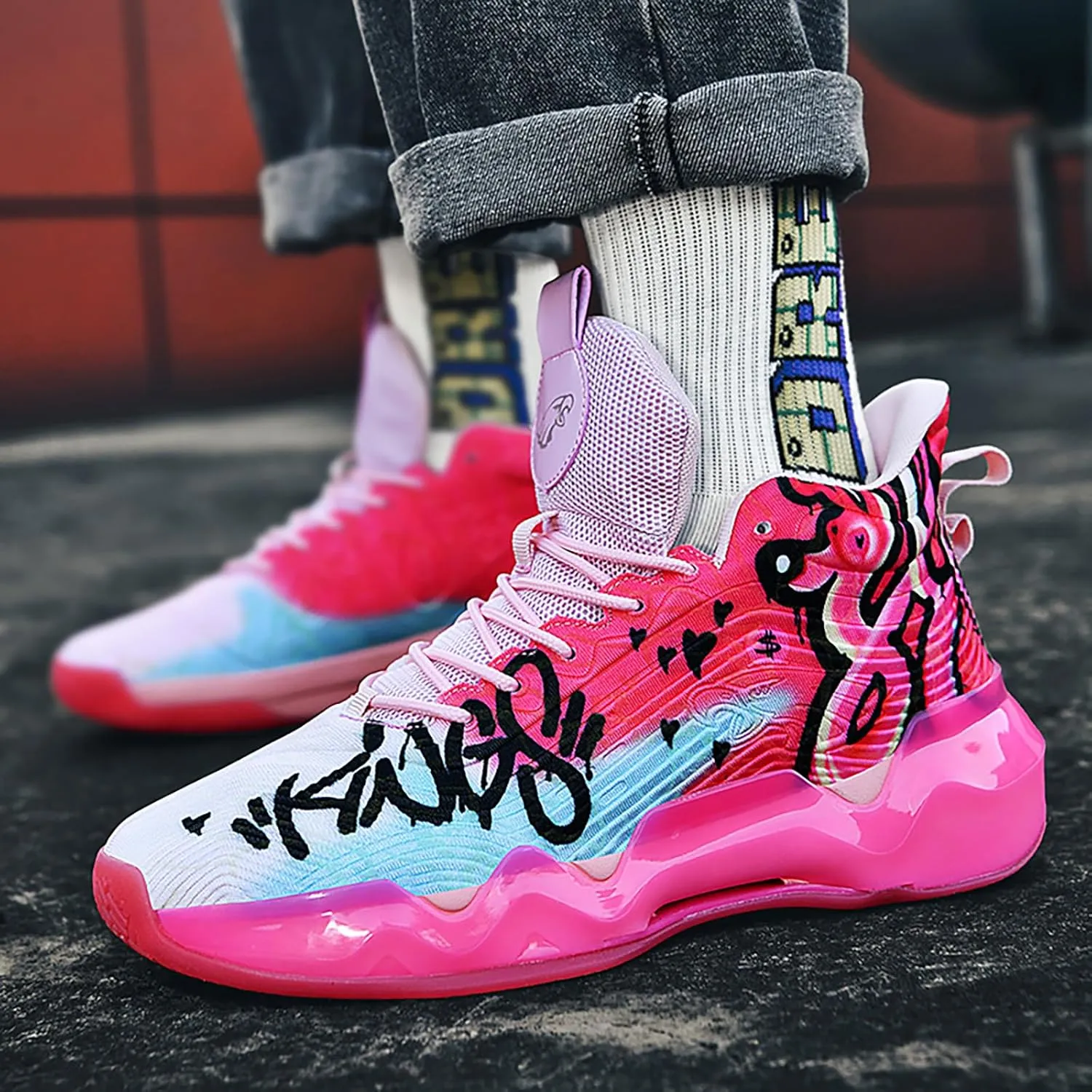 Women Men Basketball Shoes Youth Fashion High Top Running Shoes Volleyball Sneakers Colorful Painting Sport Shoes Comfortable Non-Slip Footwear