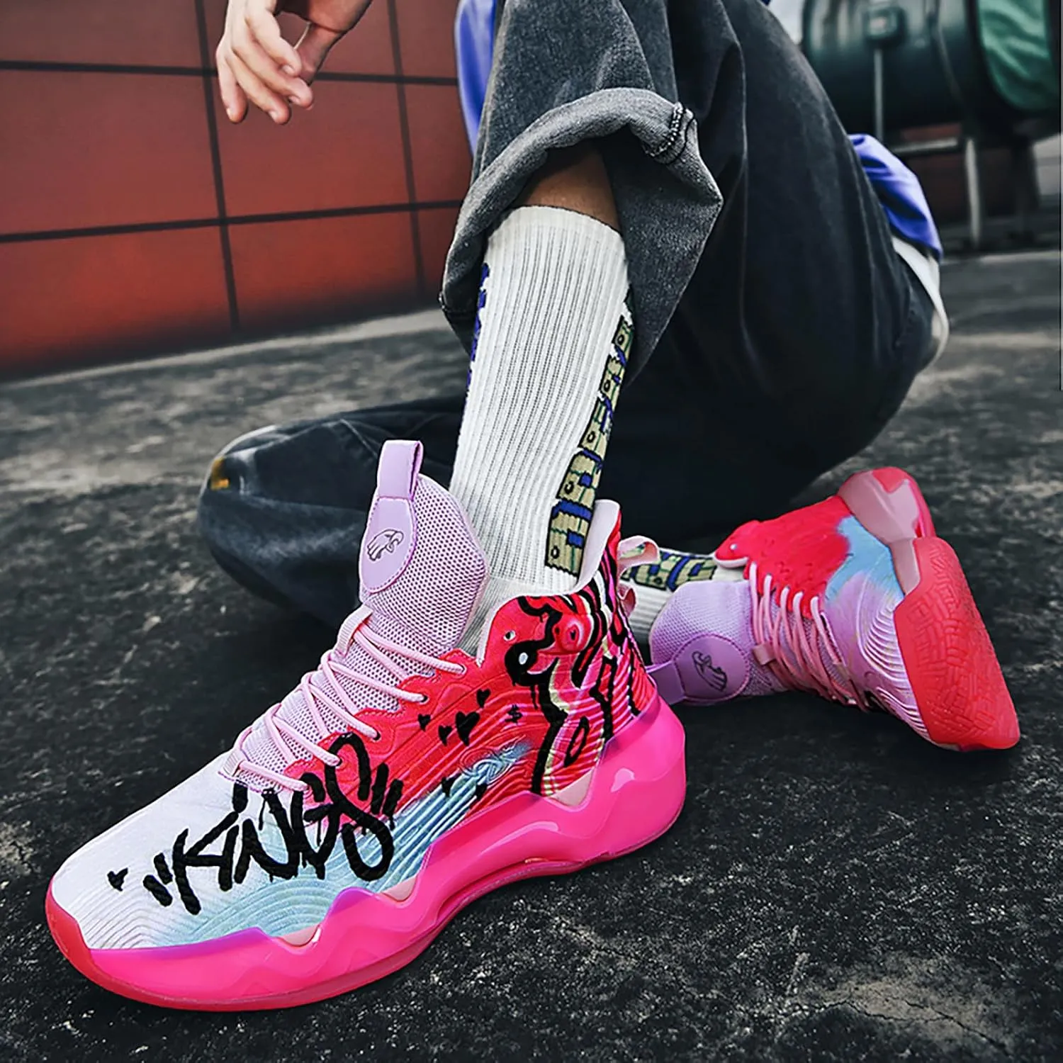 Women Men Basketball Shoes Youth Fashion High Top Running Shoes Volleyball Sneakers Colorful Painting Sport Shoes Comfortable Non-Slip Footwear