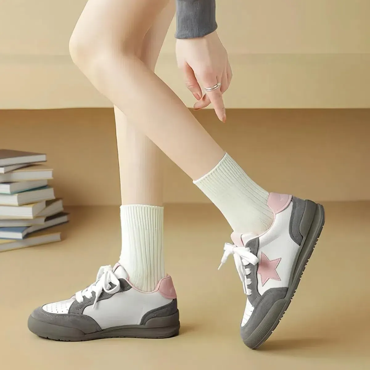 Women Platform Sneakers, Y2k Retro Star Shoes, Low Top Comfy Footwear Girls Cute Cream Color Teens Casual Wear School