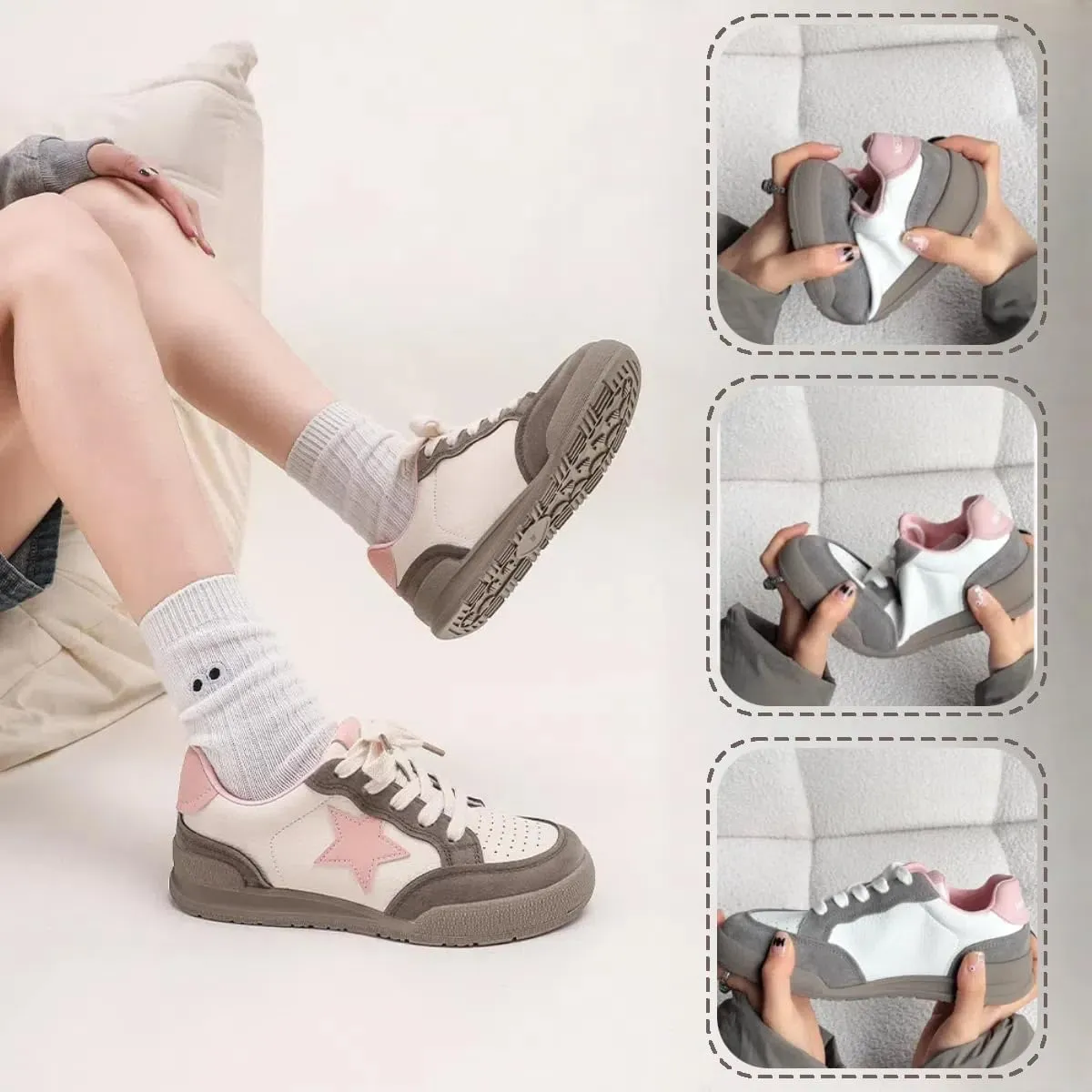 Women Platform Sneakers, Y2k Retro Star Shoes, Low Top Comfy Footwear Girls Cute Cream Color Teens Casual Wear School