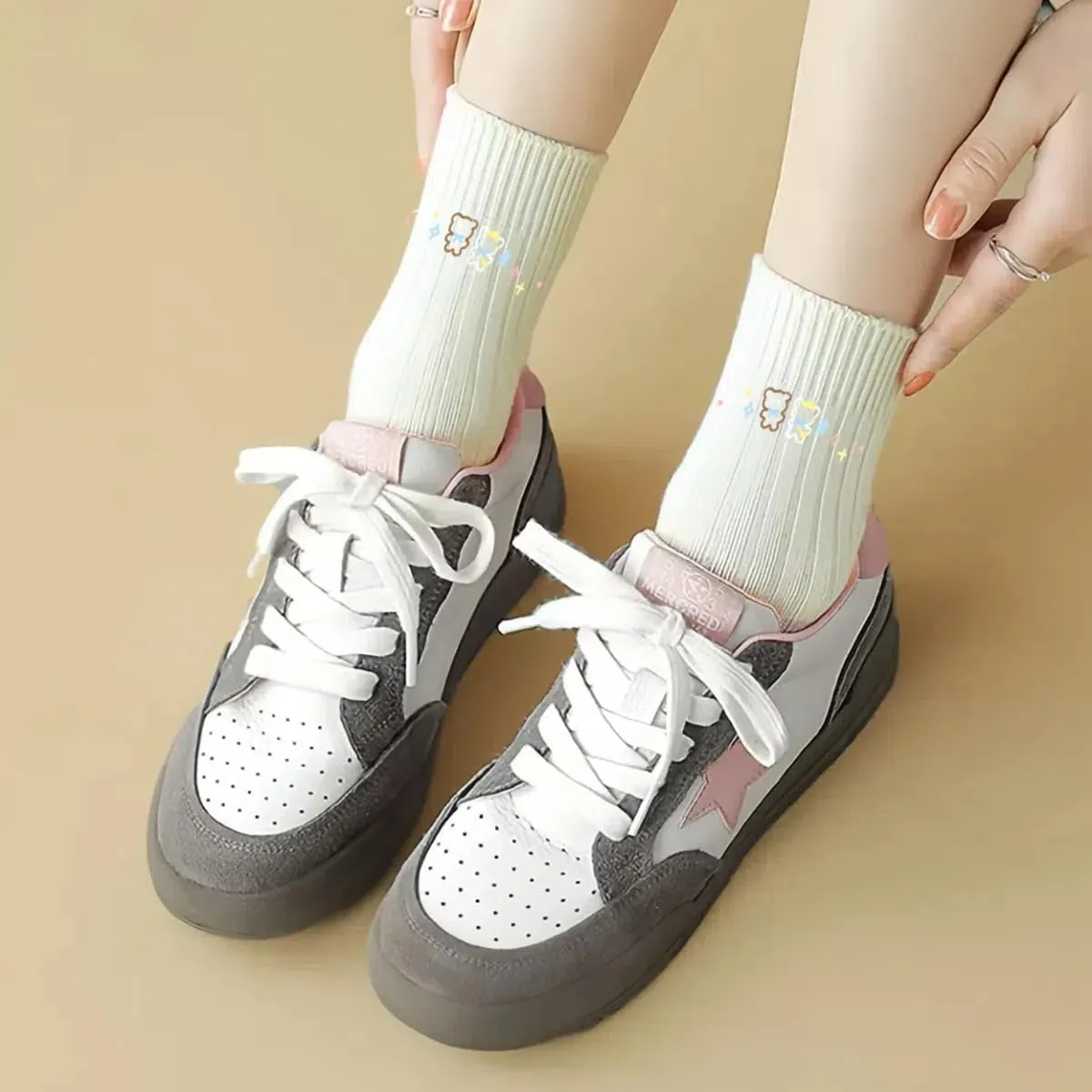 Women Platform Sneakers, Y2k Retro Star Shoes, Low Top Comfy Footwear Girls Cute Cream Color Teens Casual Wear School