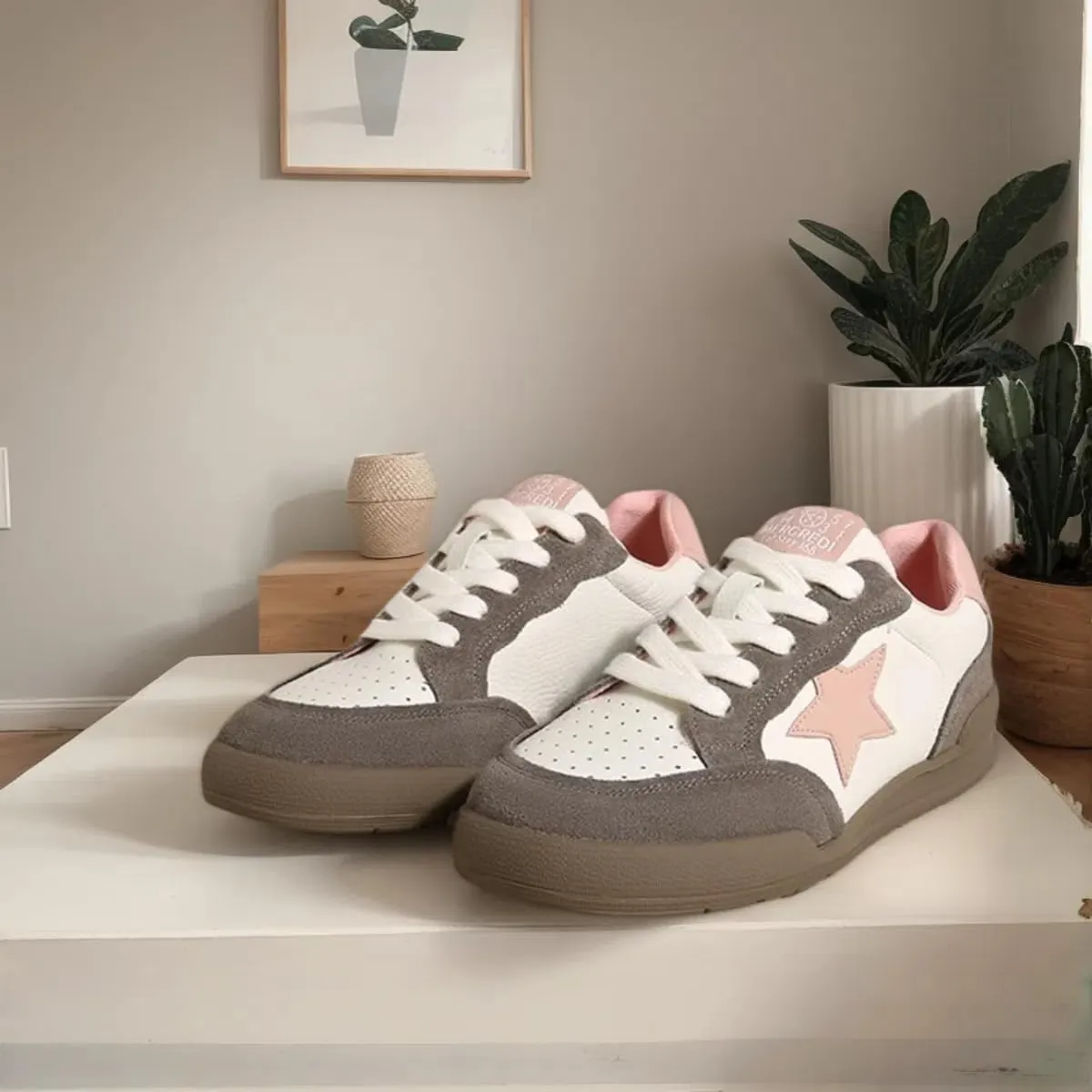 Women Platform Sneakers, Y2k Retro Star Shoes, Low Top Comfy Footwear Girls Cute Cream Color Teens Casual Wear School